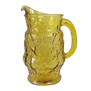Vtg MCM Anchor Hocking Rain Flower Amber Glass Crinkle Pitcher Retro 10” 72 Oz